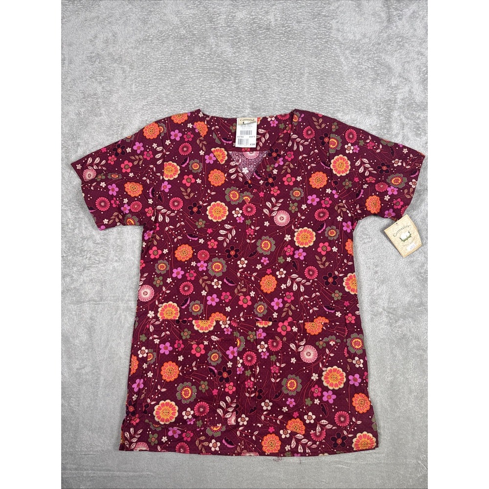 Cottonality Scrub Top Womens Size XSM Short Sleeve Floral Design‎